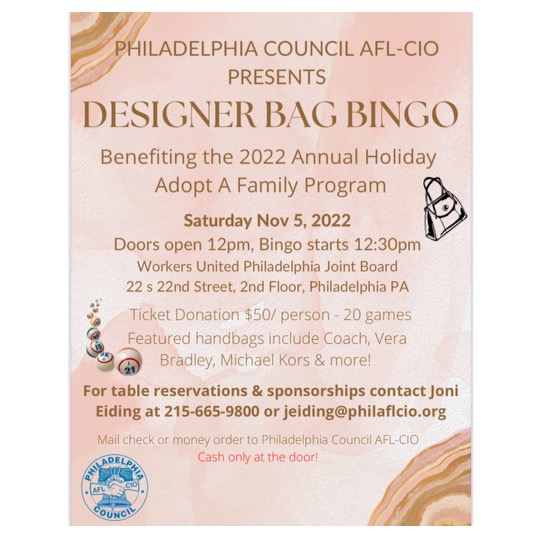 Pink sign with gold letters with details on 2022 Annual Holiday Adopt-a-Family Designer Bag Bingo