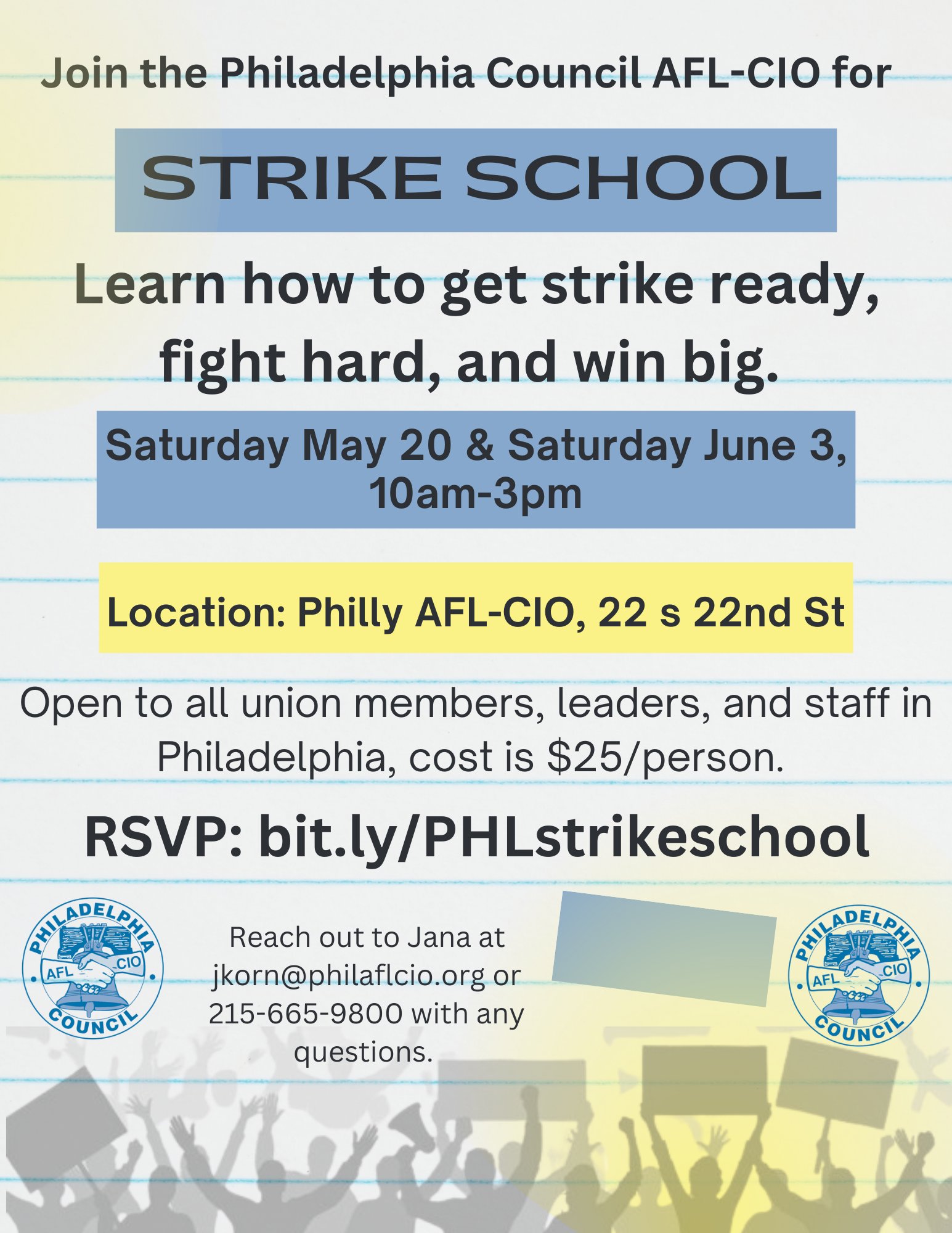 Ad for strike school with text in blue and yellow on lined notebook paper