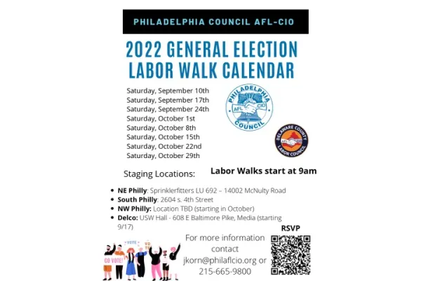 White flyer with blue and black letters providing information on 2022 General Election Labor Walk events