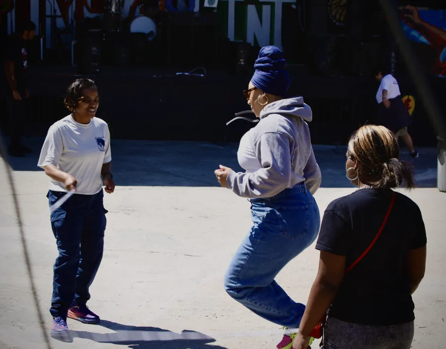 Women jump rope at an outdoor UEF 