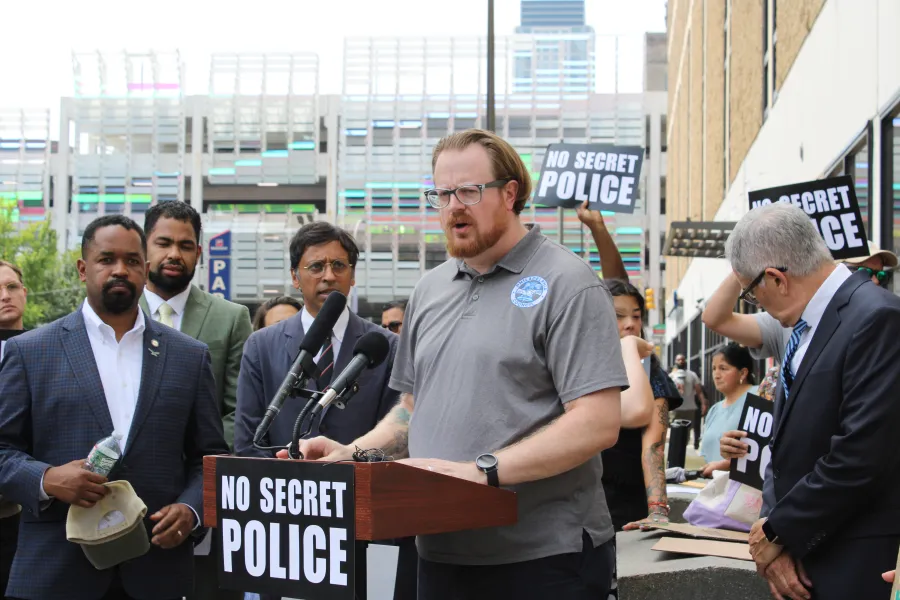 President Bauder speaking at a press conference for a No Mask for Ice Agents legislation