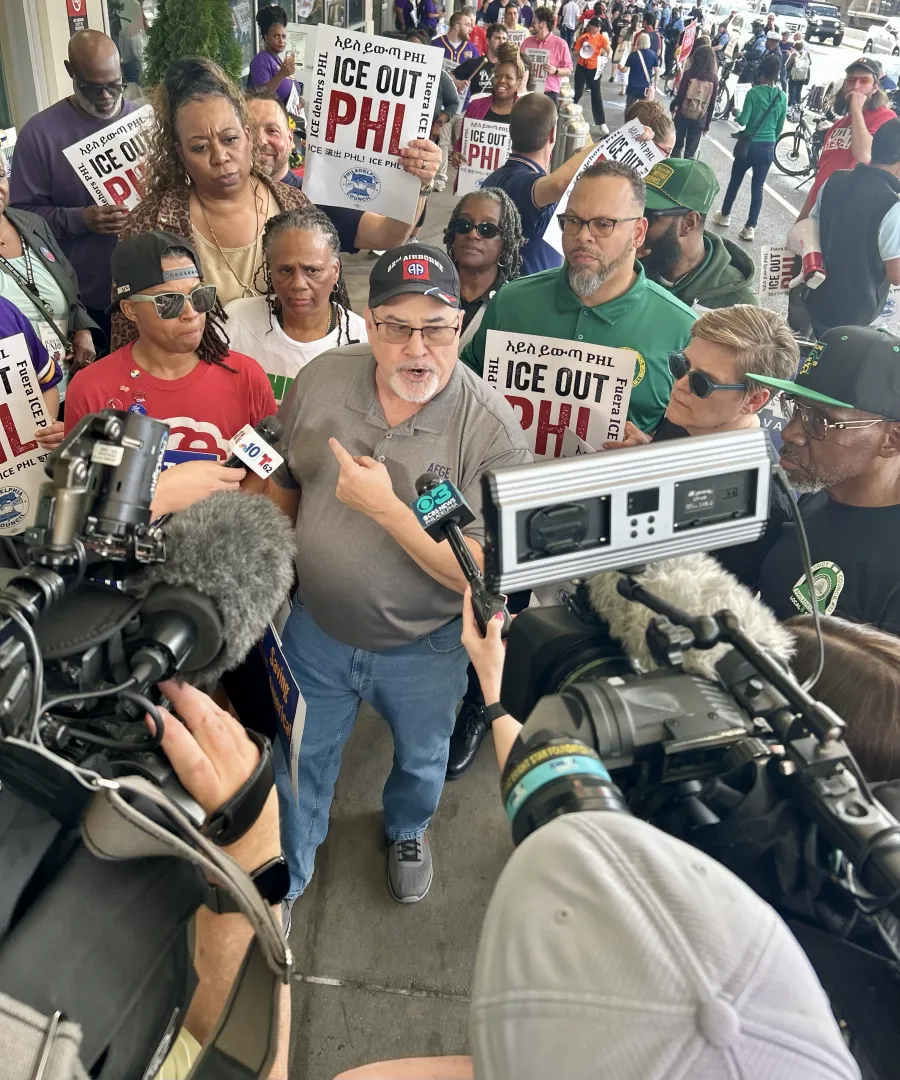 Members of the Philadelphia AFL-CIO Executive Board and other local union leadership in a press gaggle outside of PHL during an ICE OUT picket