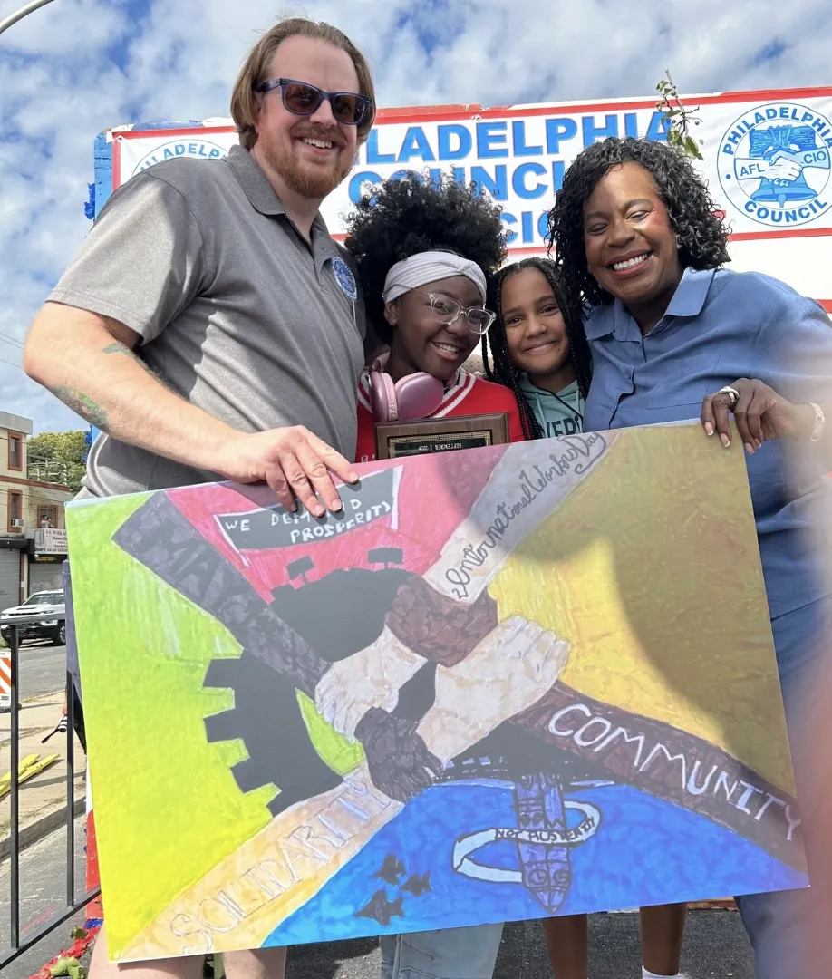 President Bauder and Mayor Parker with two art contest winners