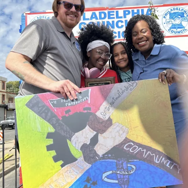 President Bauder and Mayor Parker with two art contest winners